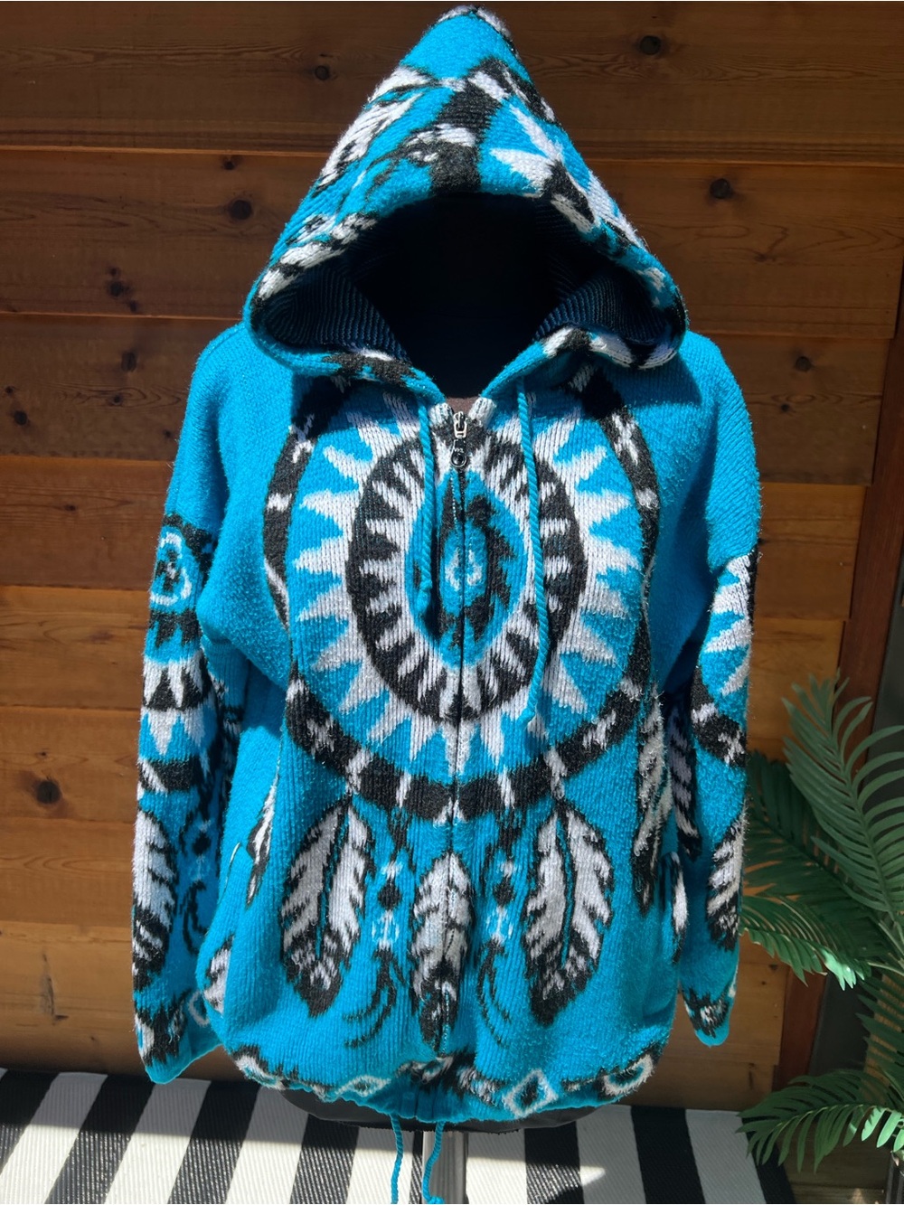 Vintage Yari Artesanias Turquoise Aztec-Pattern Hooded Zip Sweater